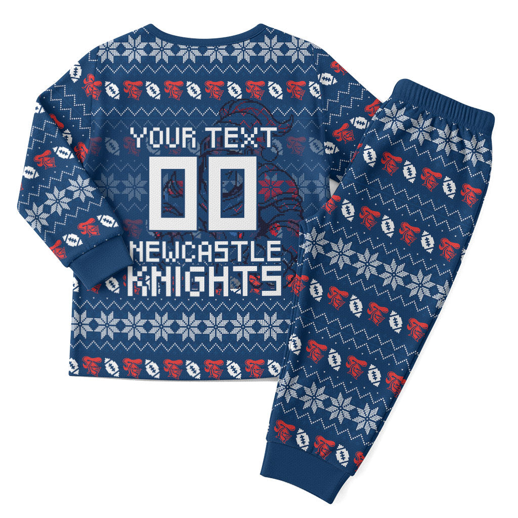 Personalized Newcastle Knights Christmas Pajama Set Australian Rugby Fans - Pixelated Ugly Xmas Pattern Mascot Santa