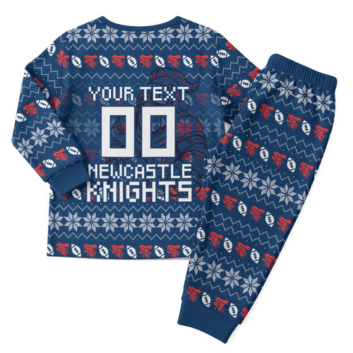 Personalized Newcastle Knights Christmas Pajama Set Australian Rugby Fans - Pixelated Ugly Xmas Pattern Mascot Santa
