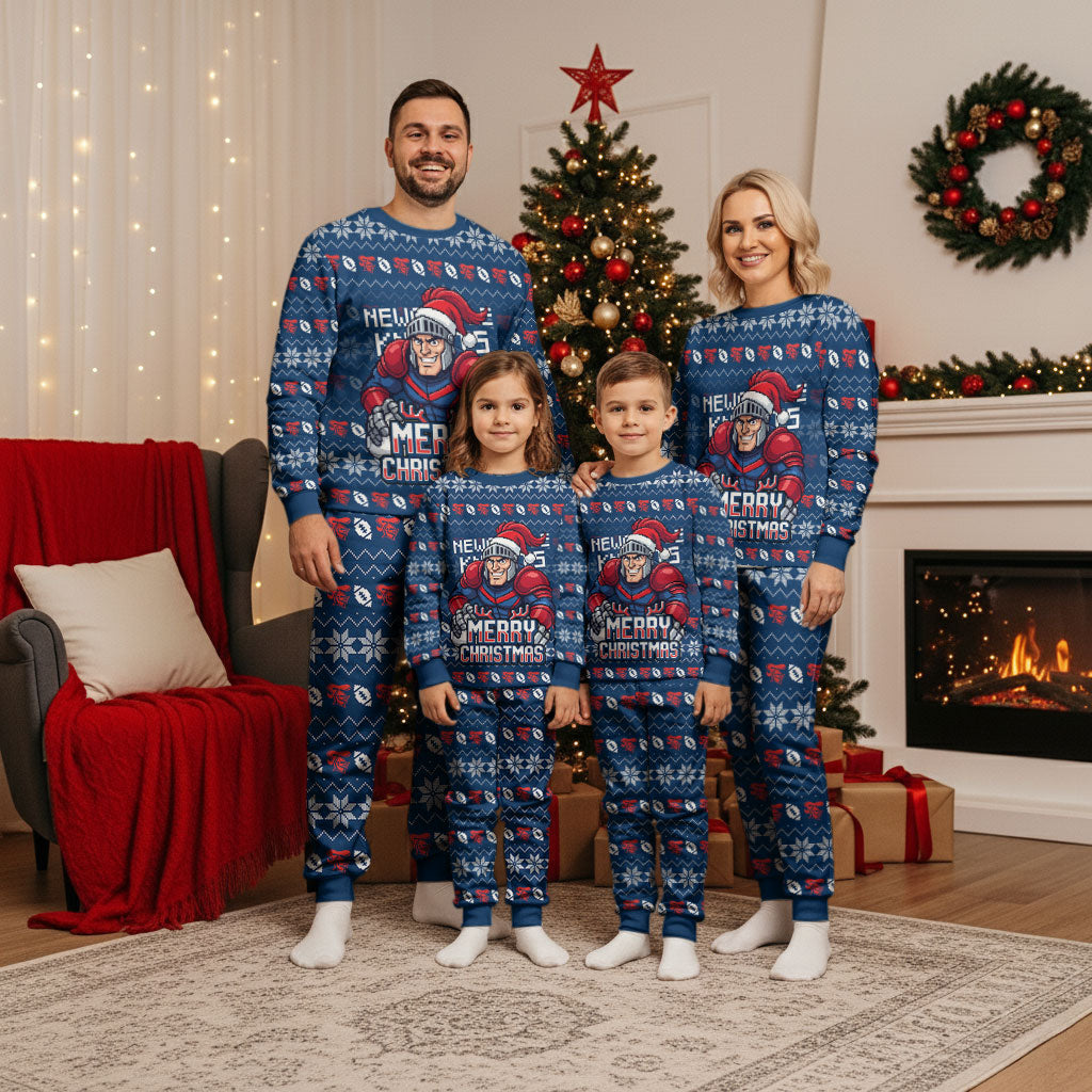 Personalized Newcastle Knights Christmas Pajama Set Australian Rugby Fans - Pixelated Ugly Xmas Pattern Mascot Santa