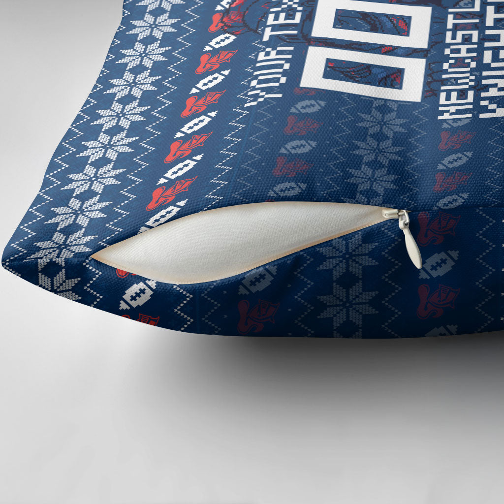 Personalized Newcastle Knights Christmas Pillow Cover Australian Rugby Fans - Pixelated Ugly Xmas Pattern Mascot Santa