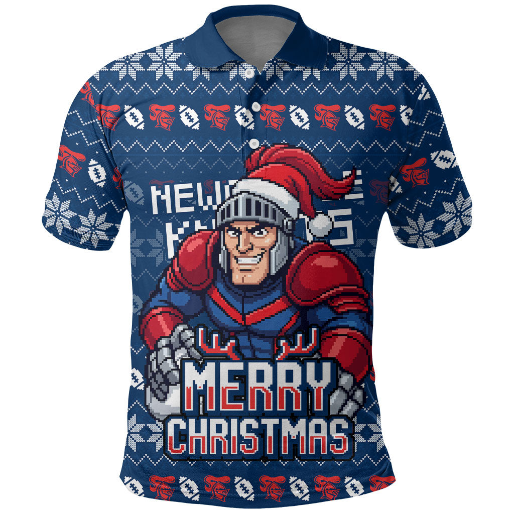 Personalized Newcastle Knights Christmas Polo Shirt Australian Rugby Fans - Pixelated Ugly Xmas Pattern Mascot Santa