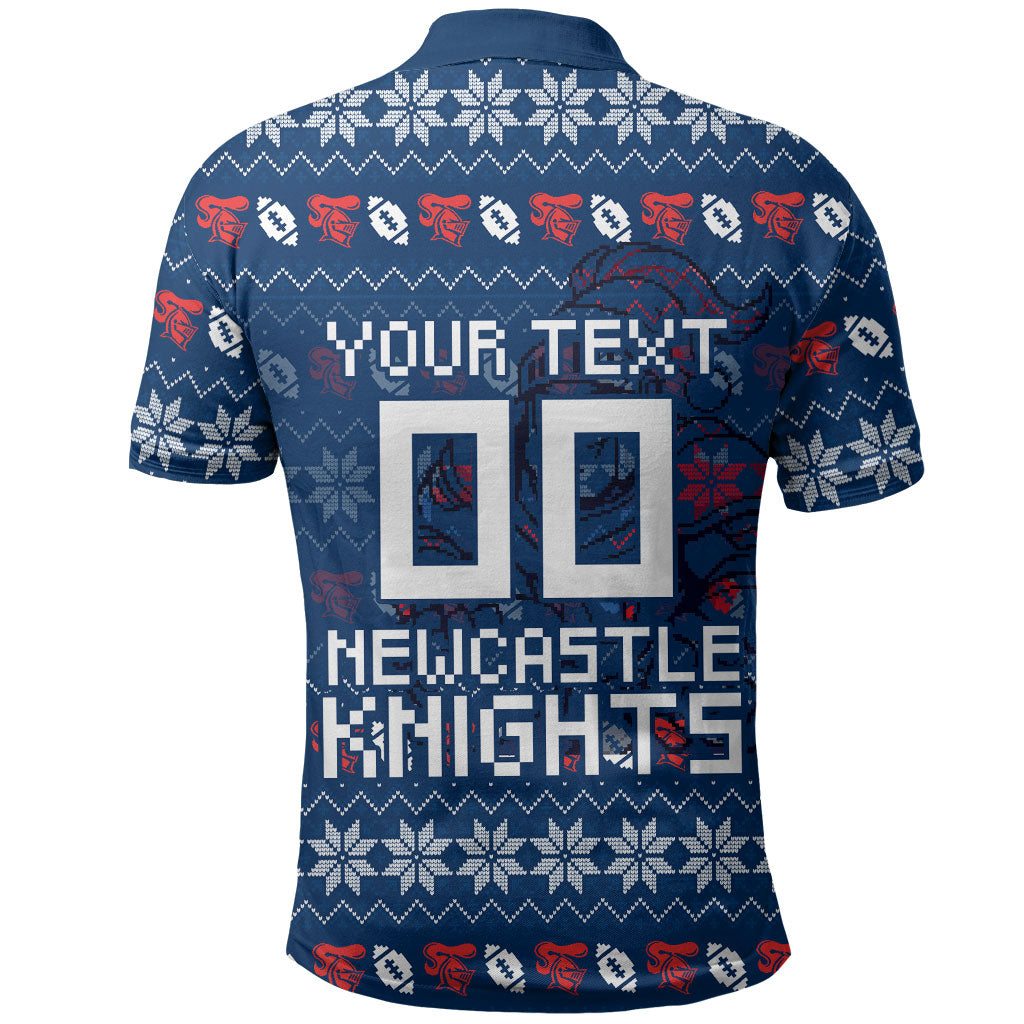 Personalized Newcastle Knights Christmas Polo Shirt Australian Rugby Fans - Pixelated Ugly Xmas Pattern Mascot Santa