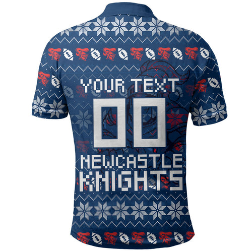 Personalized Newcastle Knights Christmas Polo Shirt Australian Rugby Fans - Pixelated Ugly Xmas Pattern Mascot Santa