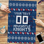 Personalized Newcastle Knights Christmas Puzzle Australian Rugby Fans - Pixelated Ugly Xmas Pattern Mascot Santa