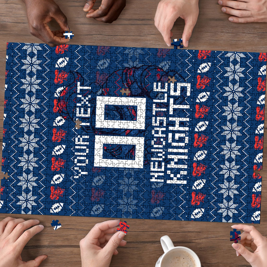Personalized Newcastle Knights Christmas Puzzle Australian Rugby Fans - Pixelated Ugly Xmas Pattern Mascot Santa