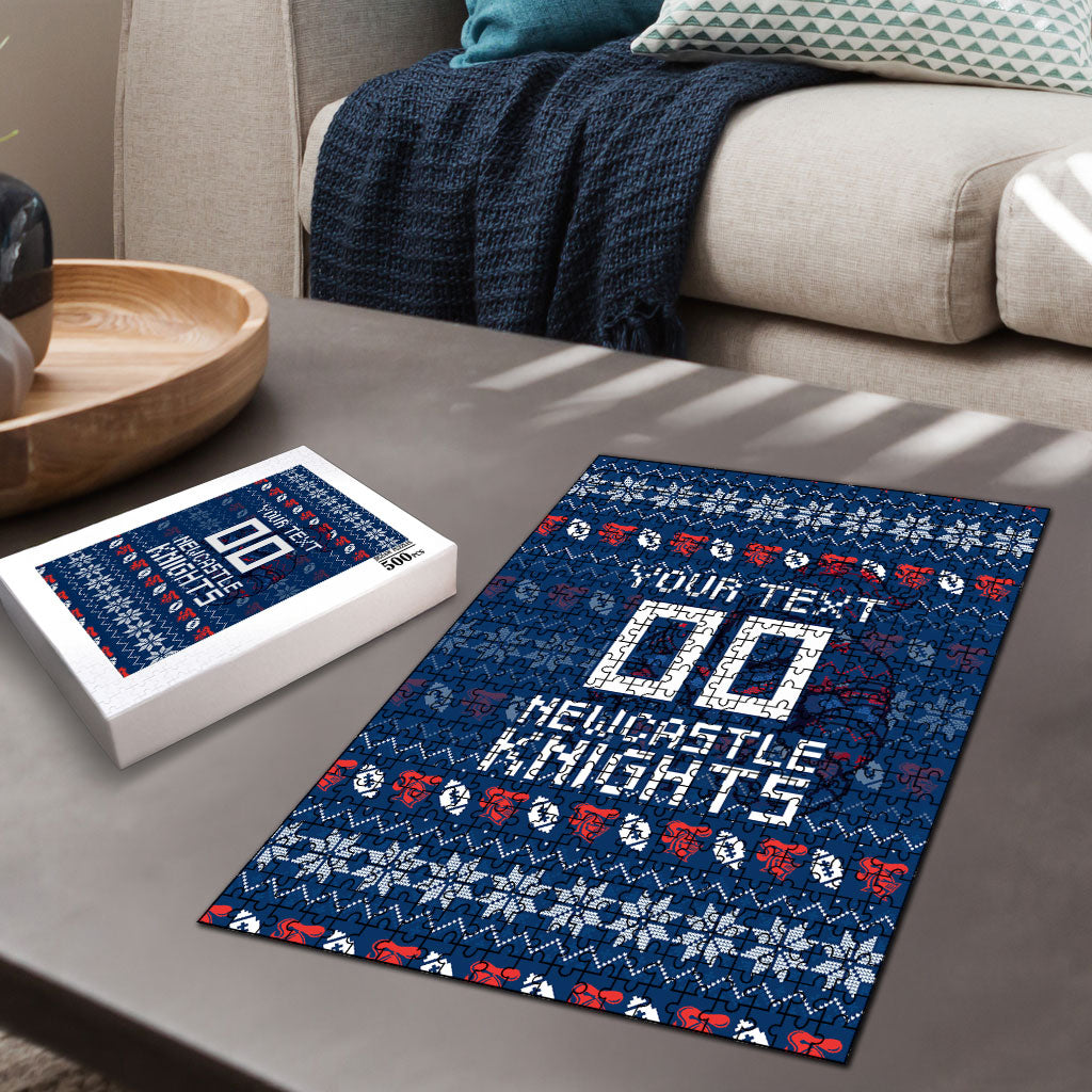 Personalized Newcastle Knights Christmas Puzzle Australian Rugby Fans - Pixelated Ugly Xmas Pattern Mascot Santa
