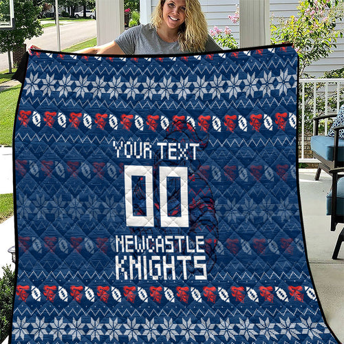 Personalized Newcastle Knights Christmas Quilt Australian Rugby Fans - Pixelated Ugly Xmas Pattern Mascot Santa