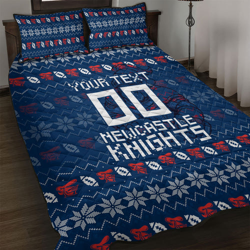 Personalized Newcastle Knights Christmas Quilt Bed Set Australian Rugby Fans - Pixelated Ugly Xmas Pattern Mascot Santa