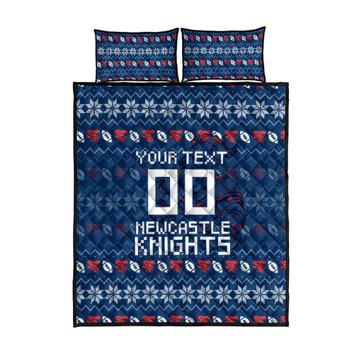 Personalized Newcastle Knights Christmas Quilt Bed Set Australian Rugby Fans - Pixelated Ugly Xmas Pattern Mascot Santa