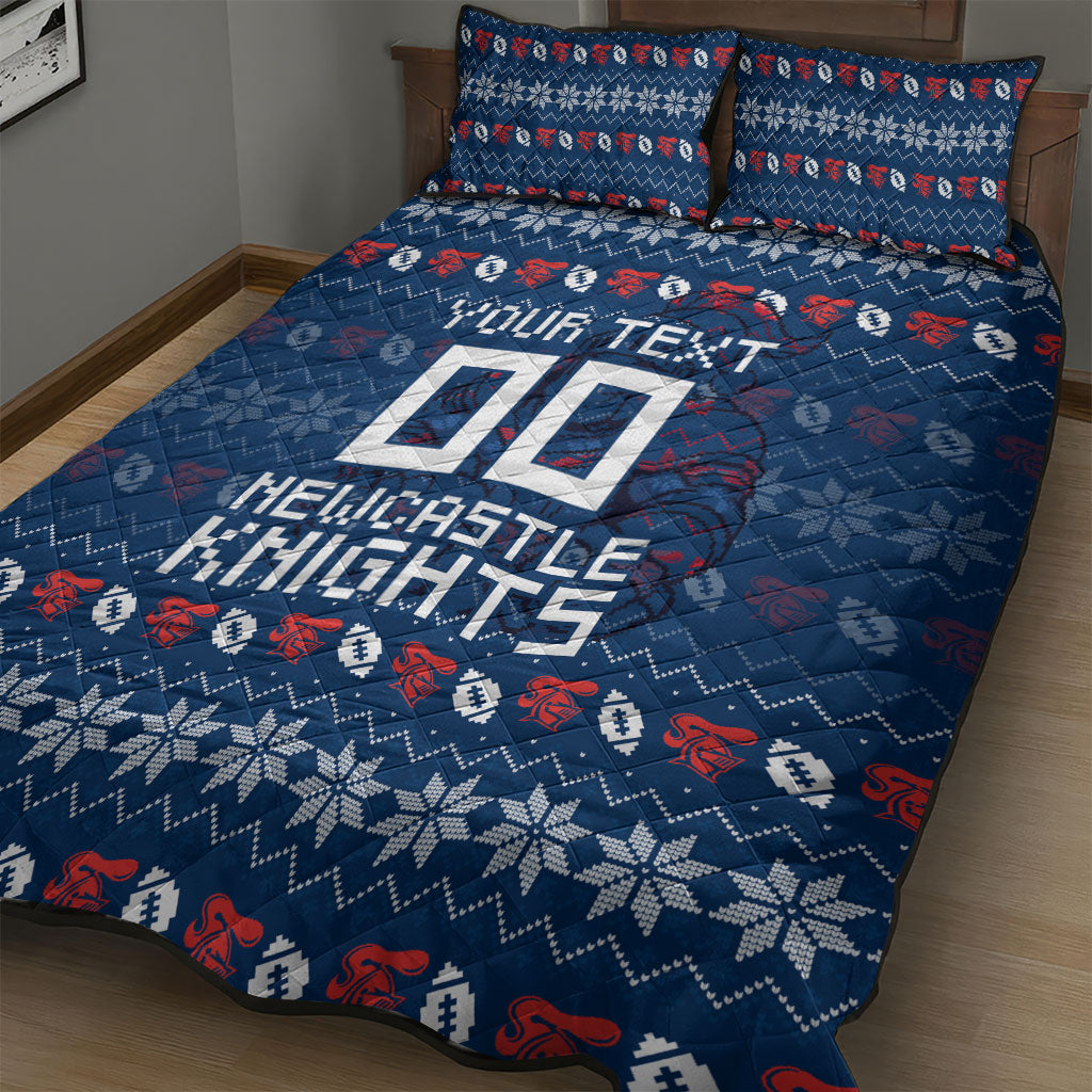 Personalized Newcastle Knights Christmas Quilt Bed Set Australian Rugby Fans - Pixelated Ugly Xmas Pattern Mascot Santa