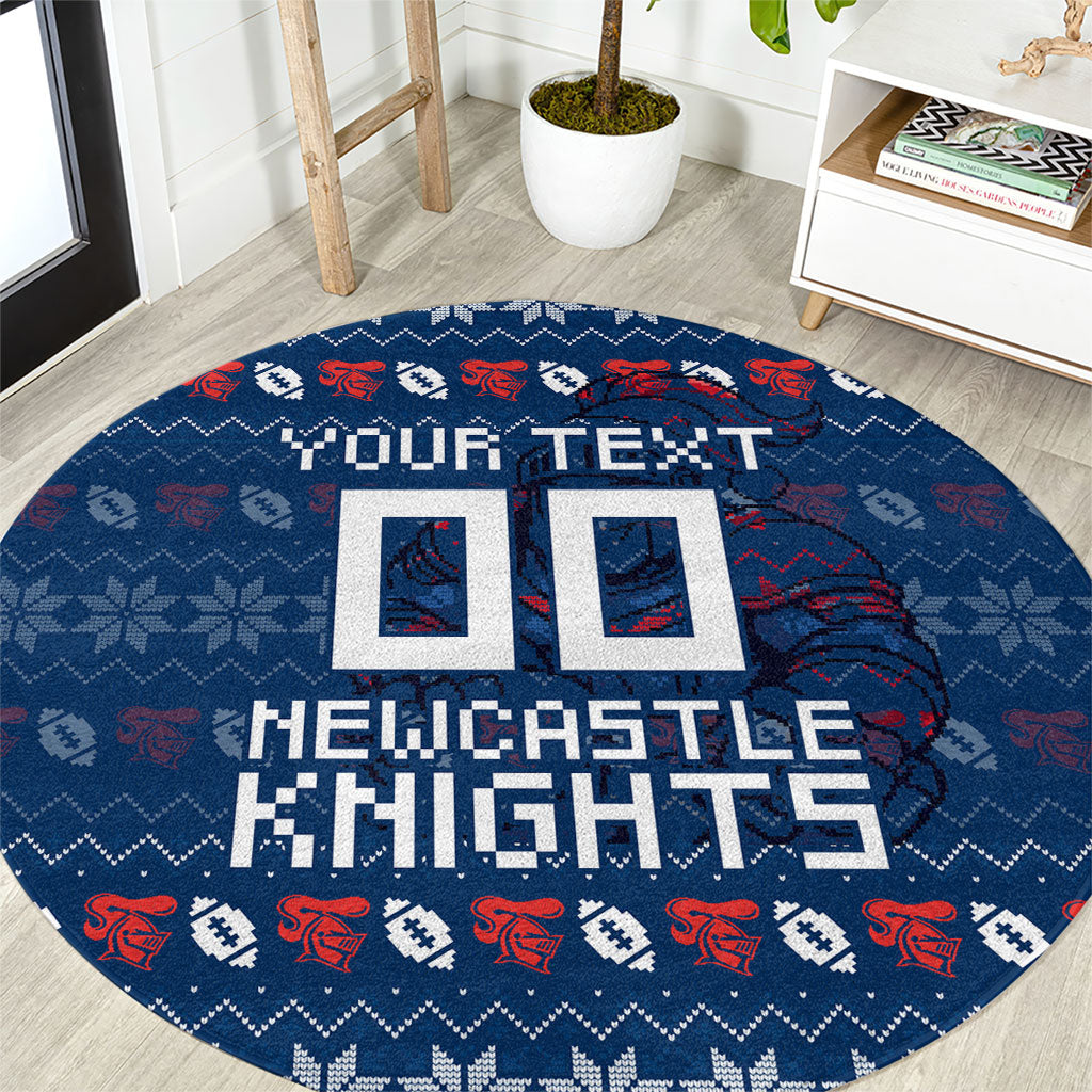 Personalized Newcastle Knights Christmas Round Carpet Australian Rugby Fans - Pixelated Ugly Xmas Pattern Mascot Santa