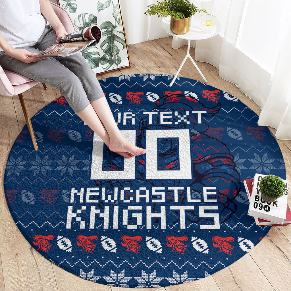 Personalized Newcastle Knights Christmas Round Carpet Australian Rugby Fans - Pixelated Ugly Xmas Pattern Mascot Santa