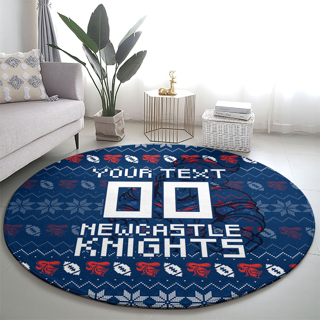 Personalized Newcastle Knights Christmas Round Carpet Australian Rugby Fans - Pixelated Ugly Xmas Pattern Mascot Santa