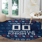 Personalized Newcastle Knights Christmas Round Carpet Australian Rugby Fans - Pixelated Ugly Xmas Pattern Mascot Santa