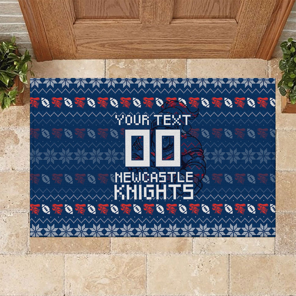 Personalized Newcastle Knights Christmas Rubber Doormat Australian Rugby Fans - Pixelated Ugly Xmas Pattern Mascot Santa