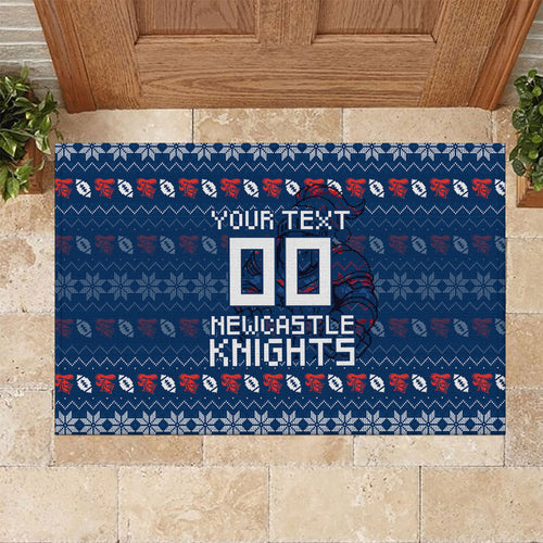 Personalized Newcastle Knights Christmas Rubber Doormat Australian Rugby Fans - Pixelated Ugly Xmas Pattern Mascot Santa