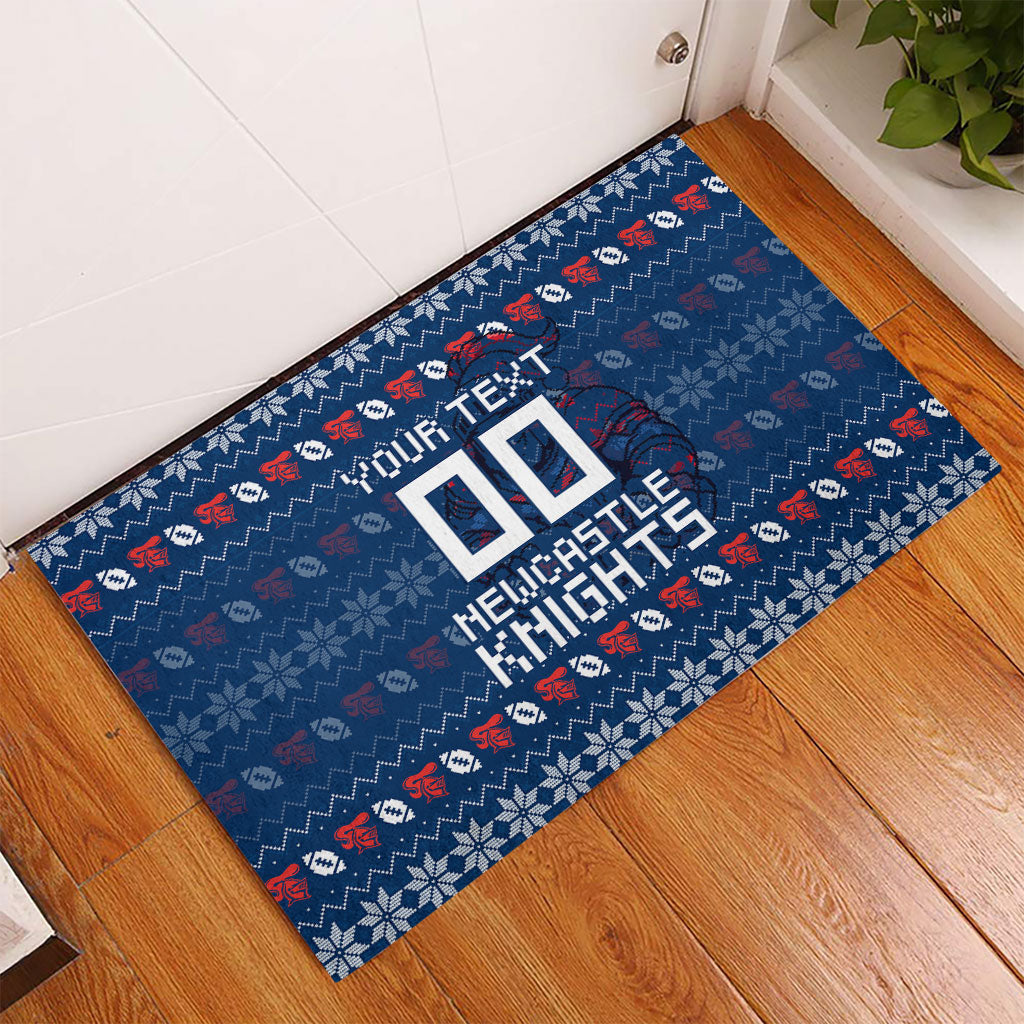 Personalized Newcastle Knights Christmas Rubber Doormat Australian Rugby Fans - Pixelated Ugly Xmas Pattern Mascot Santa