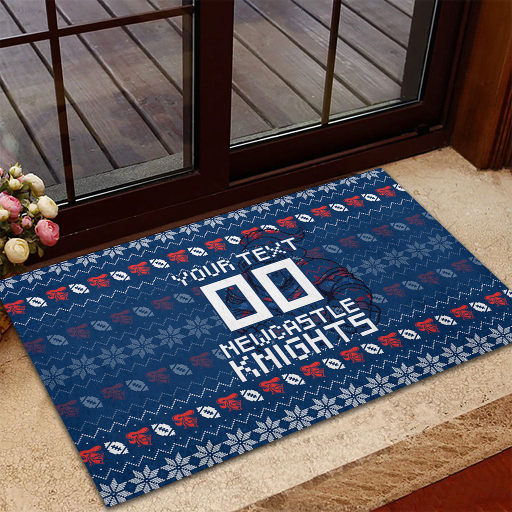 Personalized Newcastle Knights Christmas Rubber Doormat Australian Rugby Fans - Pixelated Ugly Xmas Pattern Mascot Santa