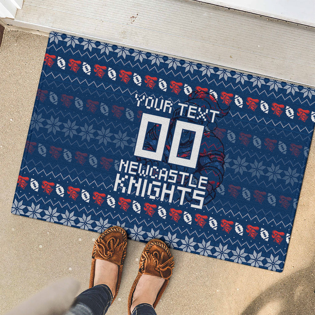Personalized Newcastle Knights Christmas Rubber Doormat Australian Rugby Fans - Pixelated Ugly Xmas Pattern Mascot Santa