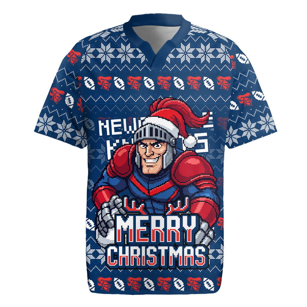 Personalized Newcastle Knights Christmas Rugby Jersey Australian Rugby Fans - Pixelated Ugly Xmas Pattern Mascot Santa