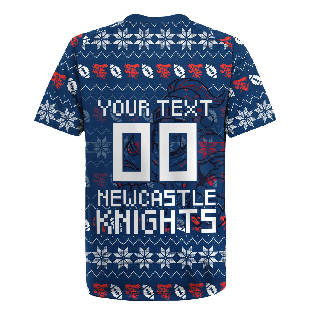 Personalized Newcastle Knights Christmas Rugby Jersey Australian Rugby Fans - Pixelated Ugly Xmas Pattern Mascot Santa