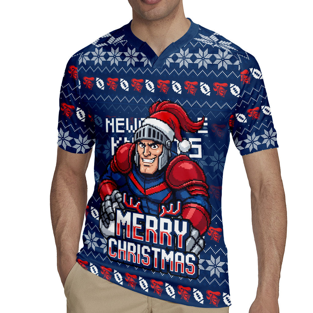 Personalized Newcastle Knights Christmas Rugby Jersey Australian Rugby Fans - Pixelated Ugly Xmas Pattern Mascot Santa