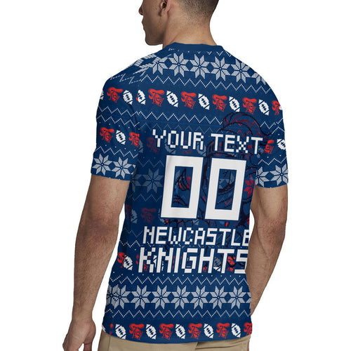 Personalized Newcastle Knights Christmas Rugby Jersey Australian Rugby Fans - Pixelated Ugly Xmas Pattern Mascot Santa