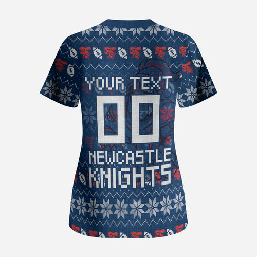 Personalized Newcastle Knights Christmas Scrub Top Australian Rugby Fans - Pixelated Ugly Xmas Pattern Mascot Santa