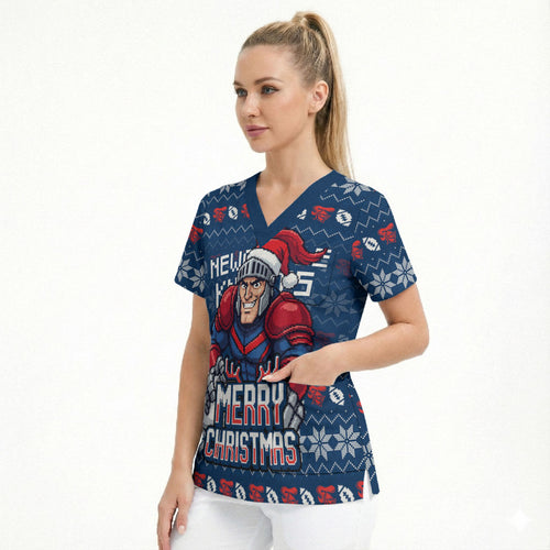 Personalized Newcastle Knights Christmas Scrub Top Australian Rugby Fans - Pixelated Ugly Xmas Pattern Mascot Santa