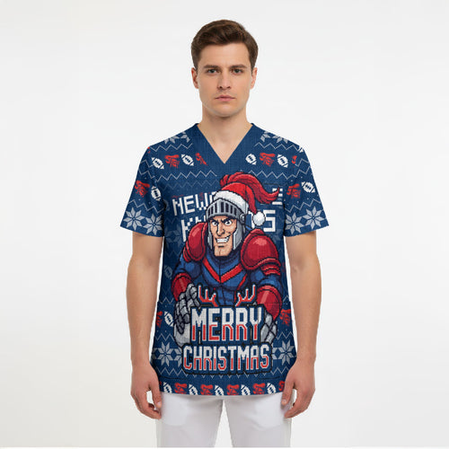 Personalized Newcastle Knights Christmas Scrub Top Australian Rugby Fans - Pixelated Ugly Xmas Pattern Mascot Santa
