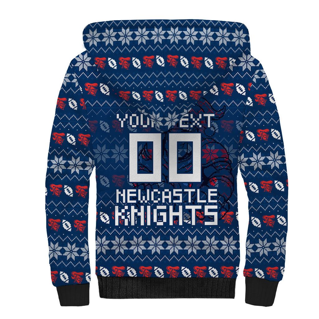 Personalized Newcastle Knights Christmas Sherpa Hoodie Australian Rugby Fans - Pixelated Ugly Xmas Pattern Mascot Santa