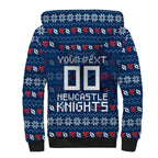 Personalized Newcastle Knights Christmas Sherpa Hoodie Australian Rugby Fans - Pixelated Ugly Xmas Pattern Mascot Santa