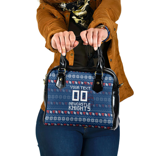 Personalized Newcastle Knights Christmas Shoulder Handbag Australian Rugby Fans - Pixelated Ugly Xmas Pattern Mascot Santa