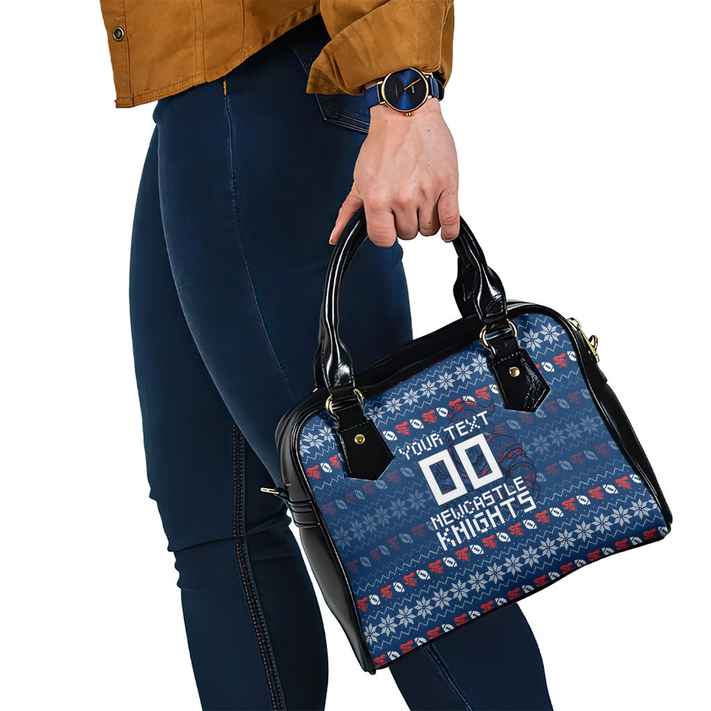 Personalized Newcastle Knights Christmas Shoulder Handbag Australian Rugby Fans - Pixelated Ugly Xmas Pattern Mascot Santa
