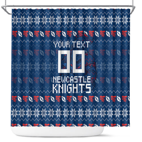 Personalized Newcastle Knights Christmas Shower Curtain Australian Rugby Fans - Pixelated Ugly Xmas Pattern Mascot Santa