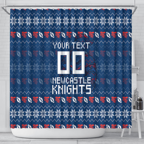 Personalized Newcastle Knights Christmas Shower Curtain Australian Rugby Fans - Pixelated Ugly Xmas Pattern Mascot Santa