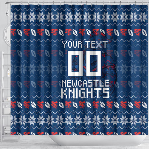 Personalized Newcastle Knights Christmas Shower Curtain Australian Rugby Fans - Pixelated Ugly Xmas Pattern Mascot Santa