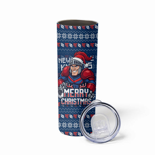 Personalized Newcastle Knights Christmas Skinny Tumbler Australian Rugby Fans - Pixelated Ugly Xmas Pattern Mascot Santa