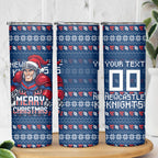 Personalized Newcastle Knights Christmas Skinny Tumbler Australian Rugby Fans - Pixelated Ugly Xmas Pattern Mascot Santa
