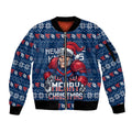 Personalized Newcastle Knights Christmas Sleeve Zip Bomber Jacket Australian Rugby Fans - Pixelated Ugly Xmas Pattern Mascot Santa