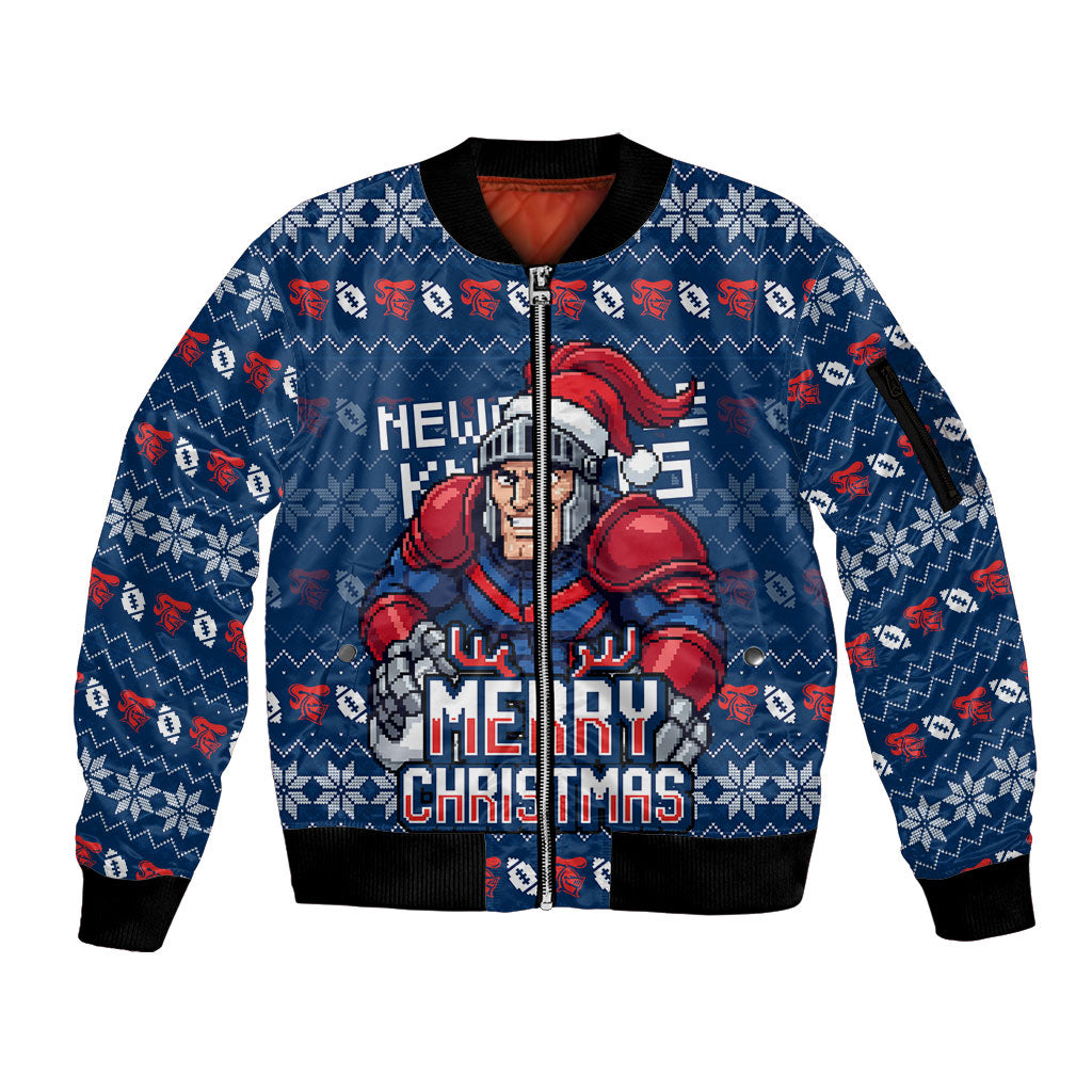Personalized Newcastle Knights Christmas Sleeve Zip Bomber Jacket Australian Rugby Fans - Pixelated Ugly Xmas Pattern Mascot Santa