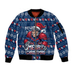 Personalized Newcastle Knights Christmas Sleeve Zip Bomber Jacket Australian Rugby Fans - Pixelated Ugly Xmas Pattern Mascot Santa