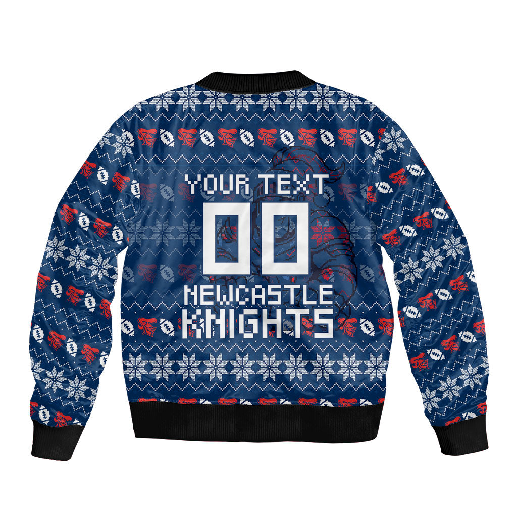 Personalized Newcastle Knights Christmas Sleeve Zip Bomber Jacket Australian Rugby Fans - Pixelated Ugly Xmas Pattern Mascot Santa