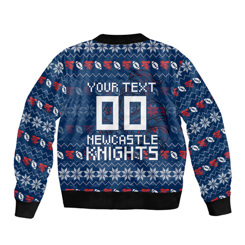 Personalized Newcastle Knights Christmas Sleeve Zip Bomber Jacket Australian Rugby Fans - Pixelated Ugly Xmas Pattern Mascot Santa