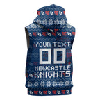 Personalized Newcastle Knights Christmas Sleeveless Hoodie Australian Rugby Fans - Pixelated Ugly Xmas Pattern Mascot Santa