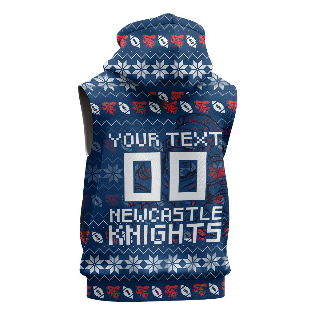 Personalized Newcastle Knights Christmas Sleeveless Hoodie Australian Rugby Fans - Pixelated Ugly Xmas Pattern Mascot Santa
