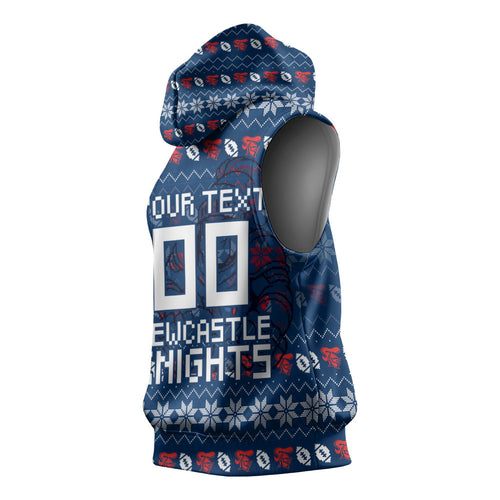 Personalized Newcastle Knights Christmas Sleeveless Hoodie Australian Rugby Fans - Pixelated Ugly Xmas Pattern Mascot Santa