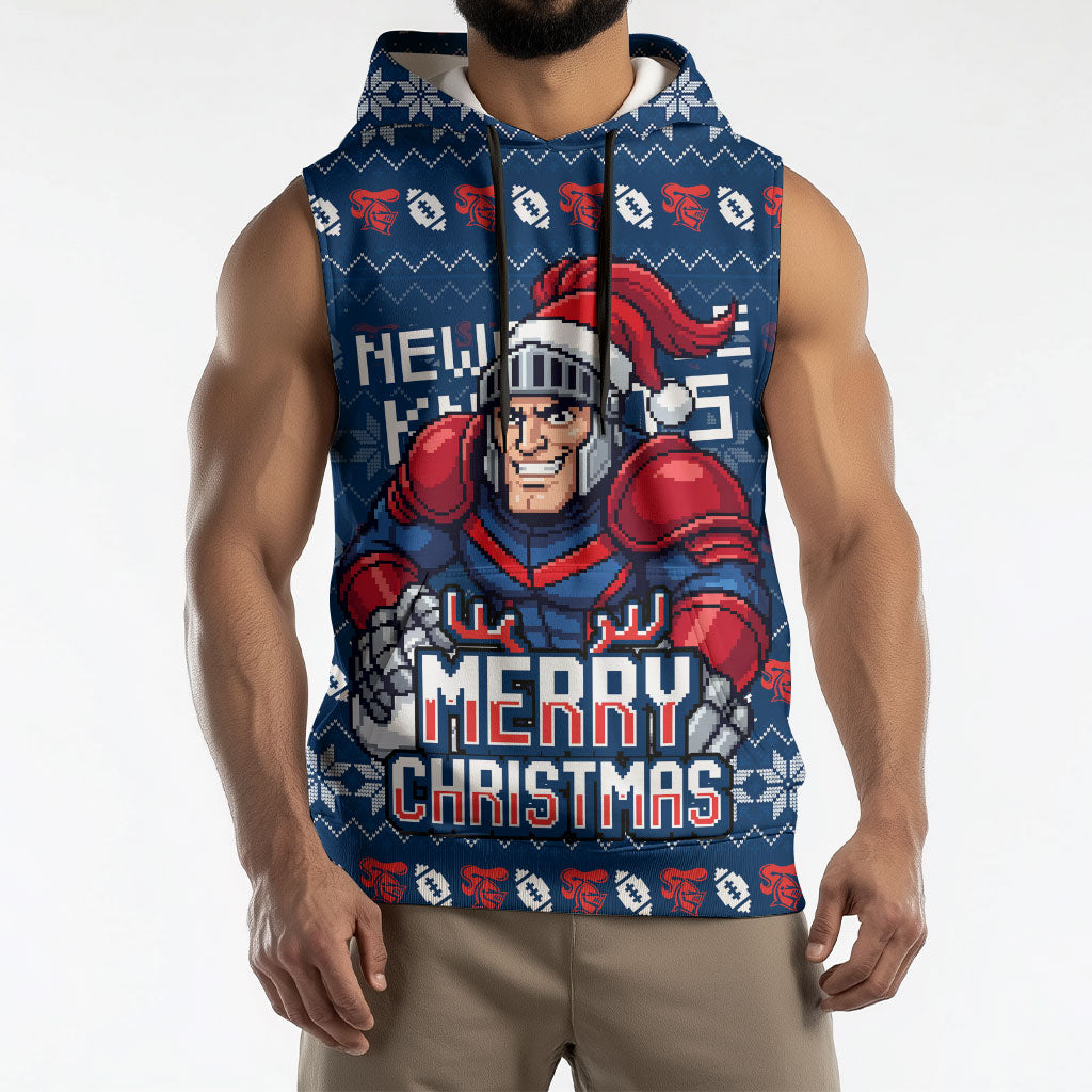 Personalized Newcastle Knights Christmas Sleeveless Hoodie Australian Rugby Fans - Pixelated Ugly Xmas Pattern Mascot Santa