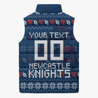 Personalized Newcastle Knights Christmas Sleeveless Puffer Jacket Australian Rugby Fans - Pixelated Ugly Xmas Pattern Mascot Santa