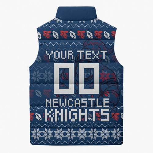 Personalized Newcastle Knights Christmas Sleeveless Puffer Jacket Australian Rugby Fans - Pixelated Ugly Xmas Pattern Mascot Santa